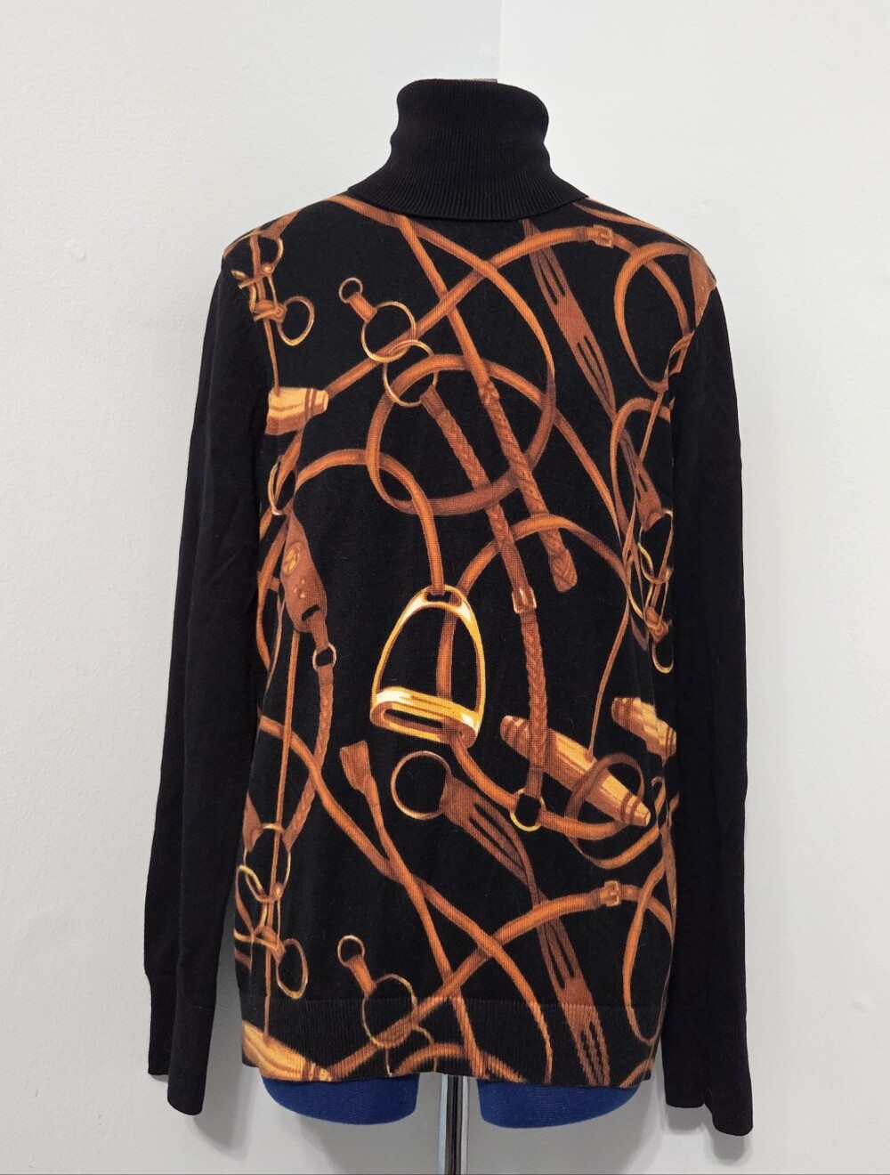 Black Equestrian Print Turtleneck Sweater Size XL